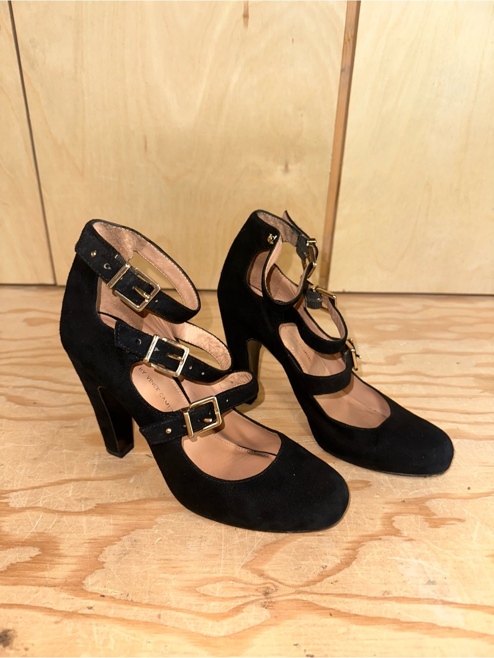 Vince Camuto Black Suede Triple Buckle Heels